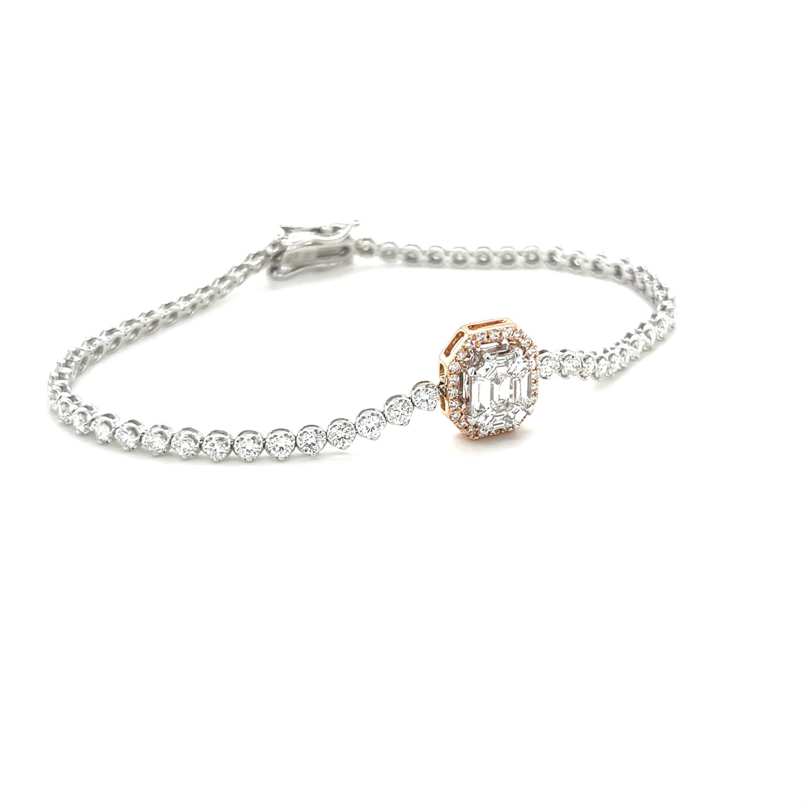 Emerald-Cut Diamond Tennis Bracelet with Rose Gold Accent